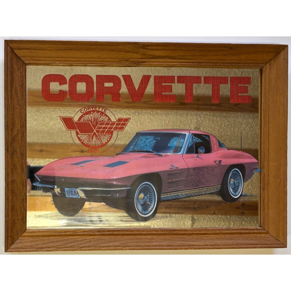 1963 Pink / Red Chevrolet Chevy Corvette Wood Framed 18" x 13" Glass Mirror